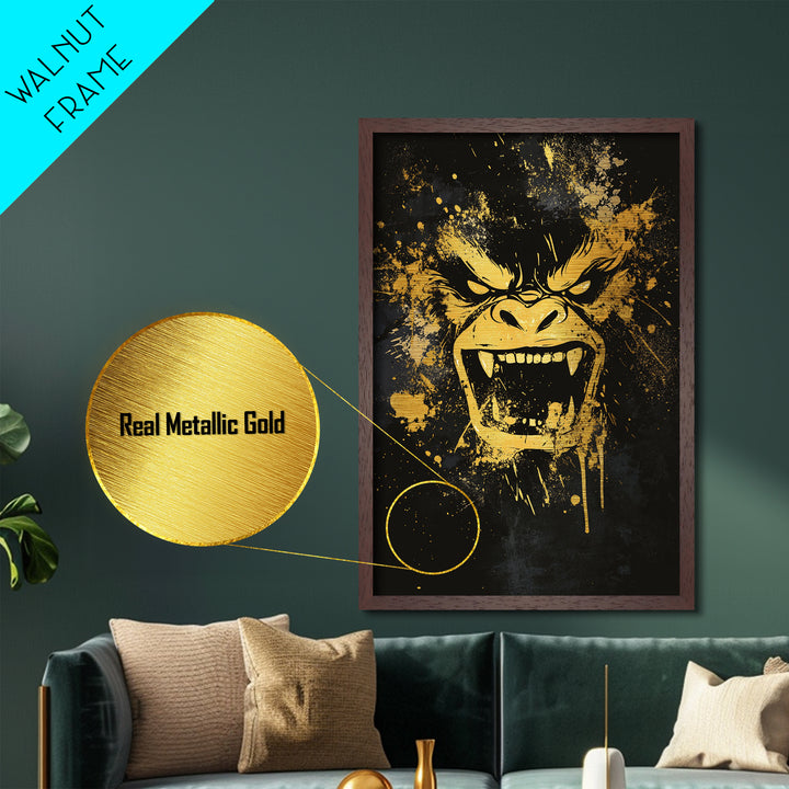 Angry Gorilla Metallic Gold Metal Print, Tribal Splatter Art, Primal Jungle Wall Decor, Bold Animal Artwork, Real Wood Framed