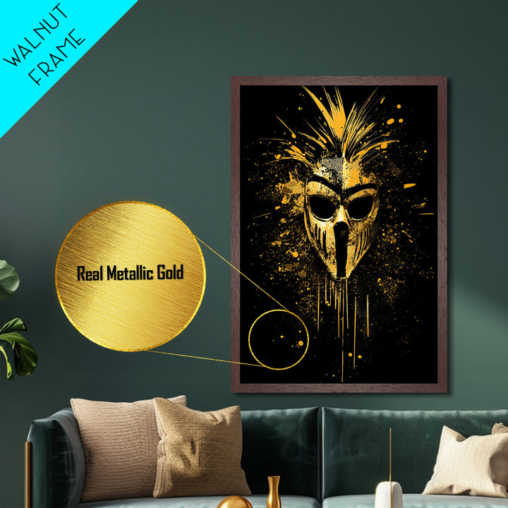 Tribal Warrior Mask Metallic Gold Metal Print, African Inspired Splatter Art, Bold Tribal Wall Decor, Fierce Artwork, Real Wood Framed