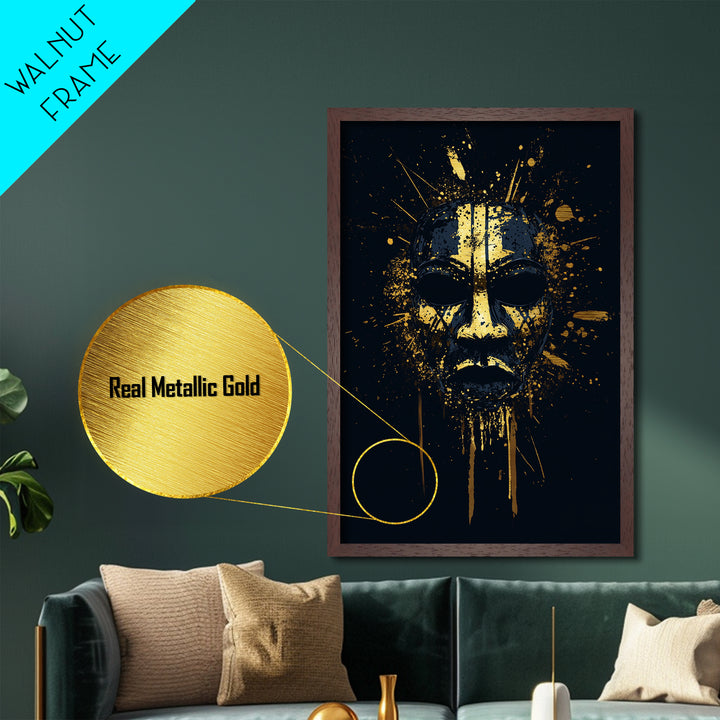 Tribal Splatter Mask Metallic Gold Metal Print, Bold Cultural Art, Unique Splatter Wall Decor, Ethnic Mask Artwork, Real Wood Framed