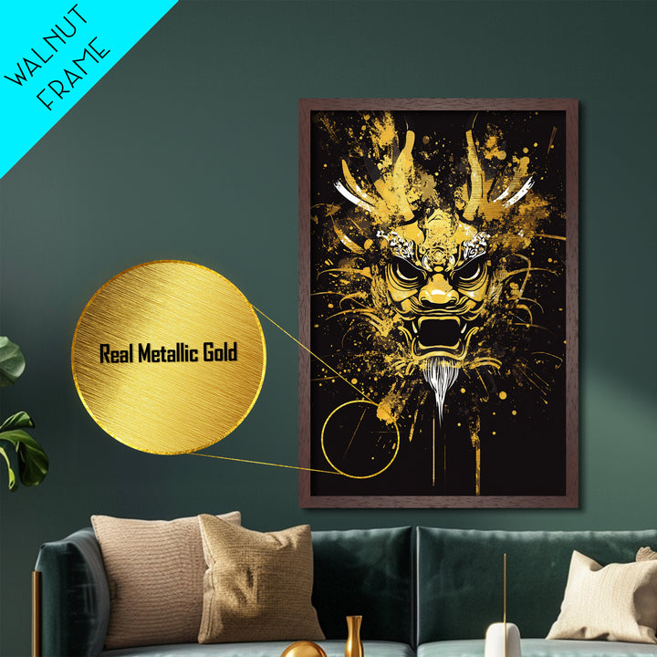 Dragon Mask Metallic Gold Metal Print, Mythical Splatter Art, Asian Inspired Wall Decor, Fierce Dragon Artwork, Real Wood Framed