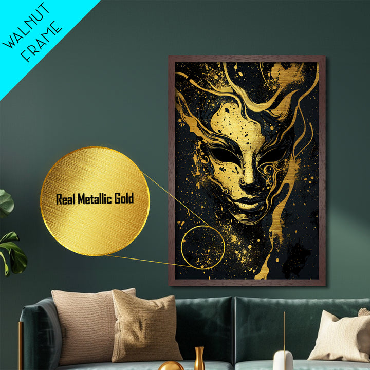 Abstract Face Mask Metallic Gold Metal Print, Surreal Splatter Art, Bold Modern Wall Decor, Unique Artistic Artwork, Real Wood Framed