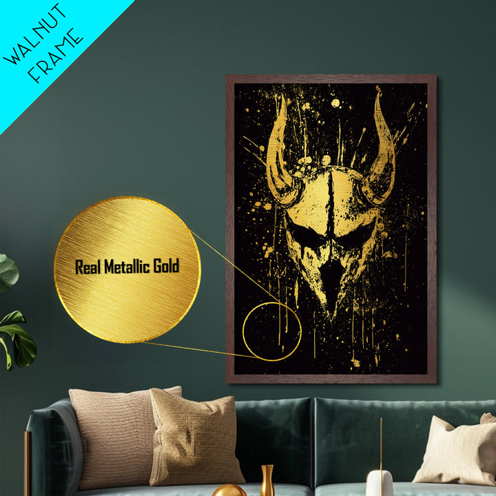Viking Horned Helmet Metallic Gold Metal Print, Bold Warrior Decor, Mythology Wall Art, Real Wood Framed Metal Artwork