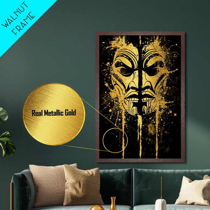 Tribal Warrior Mask Metallic Gold Metal Print, Maori Inspired Art, Ethnic Wall Decor, Real Wood Framed Metallic Gold Artwork