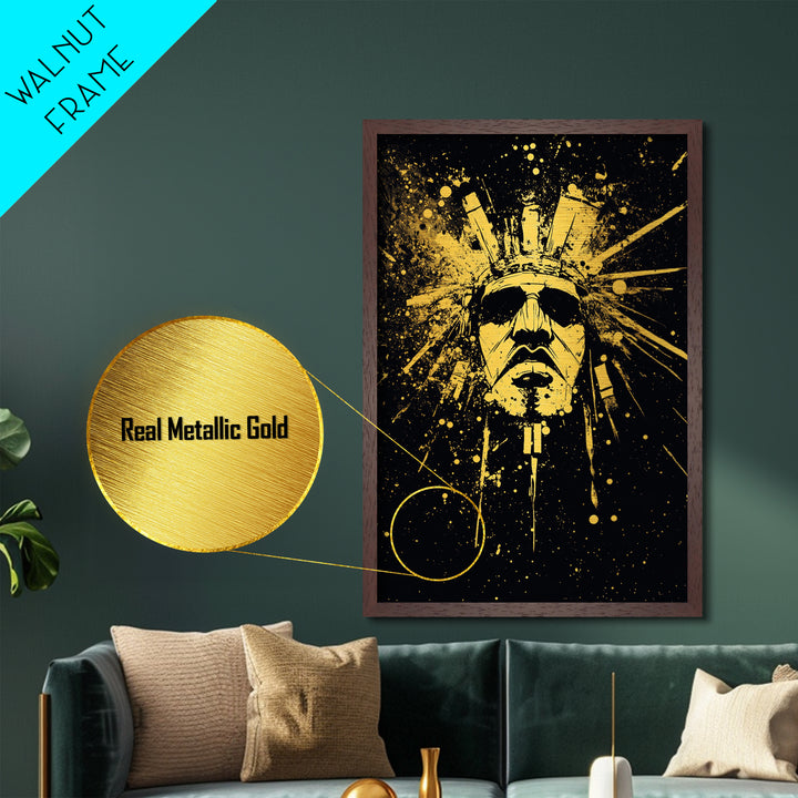 Ancient Sun God Metallic Gold Metal Print, Tribal Deity Wall Decor, Mystical Home Art, Real Wood Framed Statement Artwork