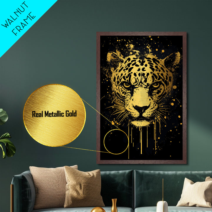 Leopard Head Metallic Gold Metal Print, Jungle Cat Wall Art, Animal Spirit Decor, Real Wood Framed Fierce Modern Artwork