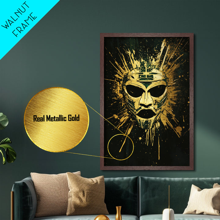 Ancient Warrior Mask Metallic Gold Metal Print, Mythology Wall Decor, Spiritual Protection Art, Real Wood Framed Artwork