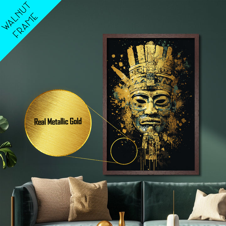 Mayan Inspired Mask Metallic Gold Metal Print, Ancient Civilization Art, Tribal Wall Decor, Real Wood Framed Gold Artwork