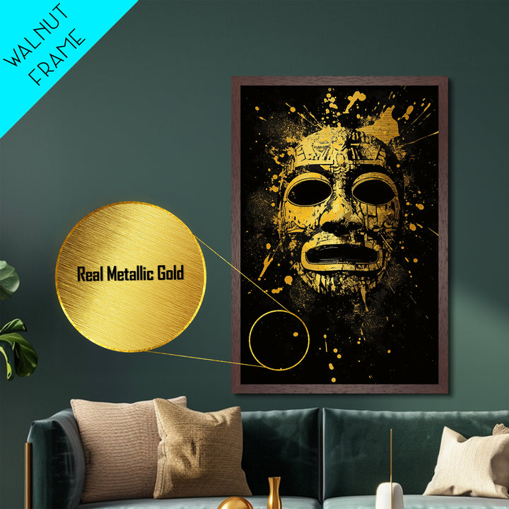 Aztec Mask Metallic Gold Metal Print, Ancient Mythology Art, Tribal Wall Decor, Real Wood Framed Cultural Gold Artwork