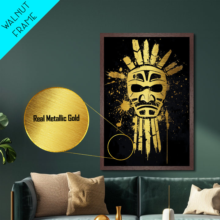 Tribal Sun Mask Metallic Gold Metal Print, Ancestral Wall Art, Sacred Symbol Decor, Real Wood Framed Mystical Gold Artwork