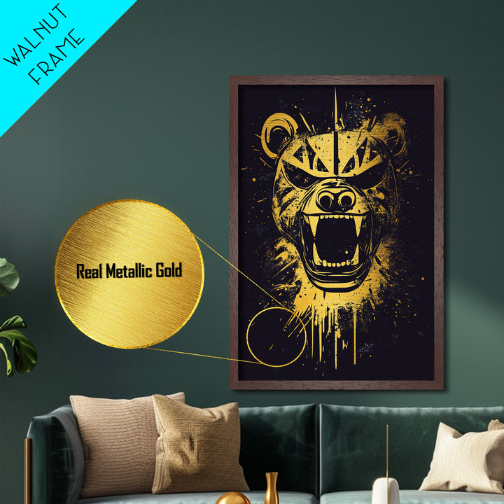 Fierce Bear Metallic Gold Metal Print, Tribal Bear Art, Modern Metal Wall Decor, Real Wood Frame, Bold Animal Artwork