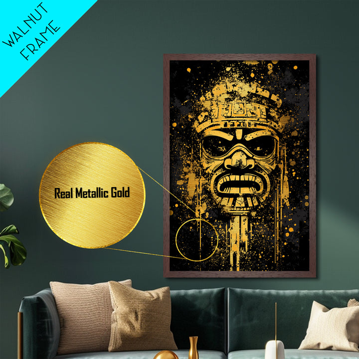 Ancient Tribal Mask Metallic Gold Metal Print, Cultural Art, Bold Splatter Wall Decor, Real Wood Frame, Dramatic Mask Artwork