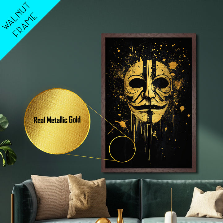 Mystical Mask Metallic Gold Metal Print, Abstract Tribal Art, Splatter Metal Wall Decor, Real Wood Frame, Modern Statement Artwork