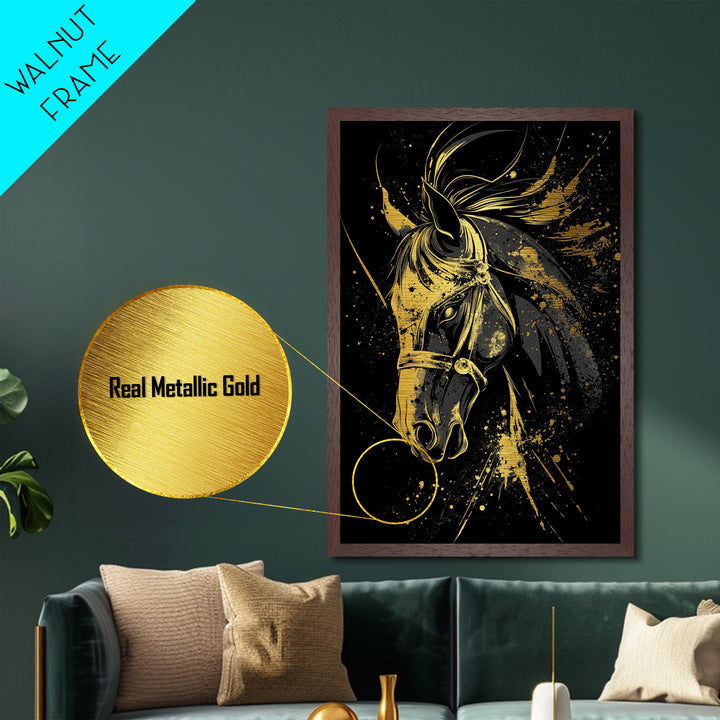 Majestic Horse Metallic Gold Metal Print, Equestrian Wall Art, Splatter Style Decor, Real Wood Frame, Bold Animal Artwork