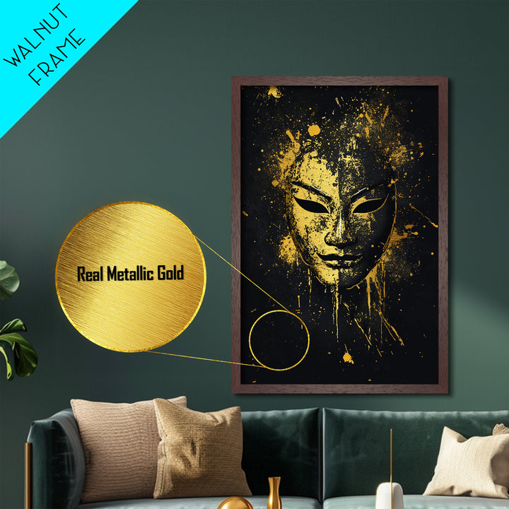 Elegant Tribal Face Metallic Gold Metal Print, Abstract Cultural Mask Art, Modern Wall Decor, Real Wood Frame, Splatter Artwork