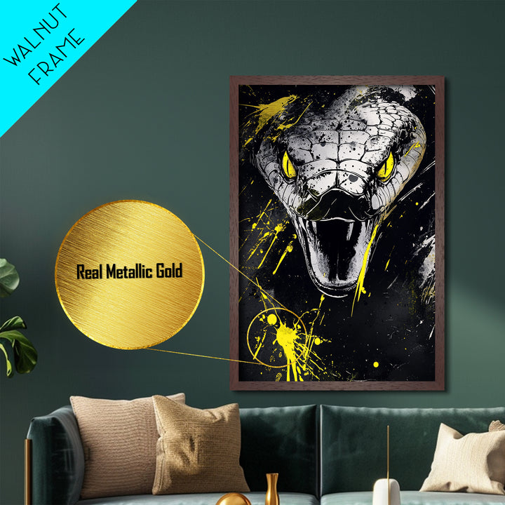 Viper Snake Metallic Gold Metal Print, Venomous Reptile Art, Bold Splatter Wall Decor, Real Wood Frame, Fierce Snake Artwork