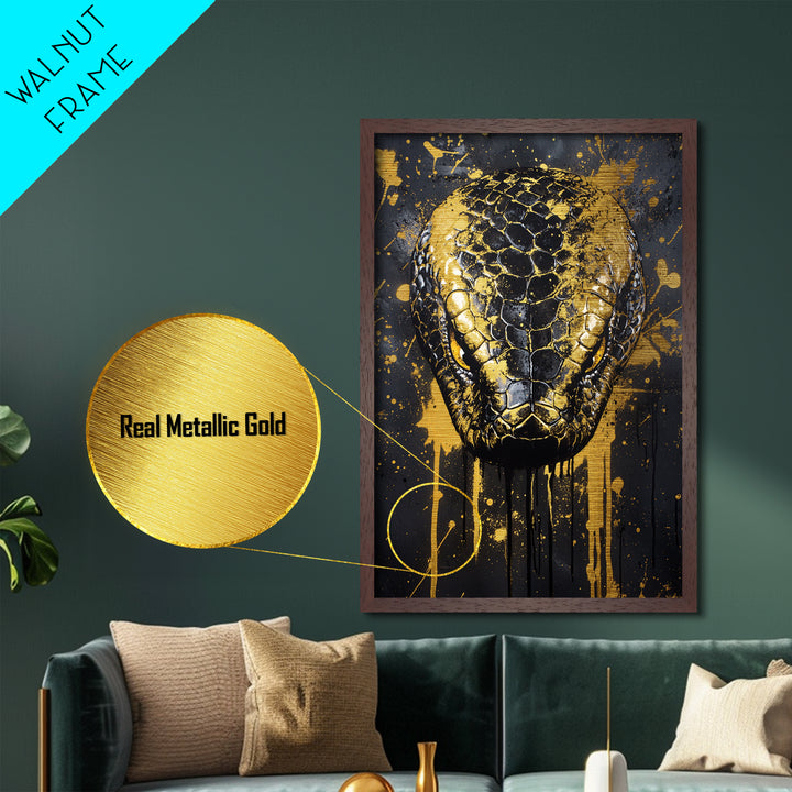 Python Snake Metallic Gold Metal Print, Tribal Reptile Art, Bold Metal Wall Decor, Real Wood Frame, Splatter Animal Artwork