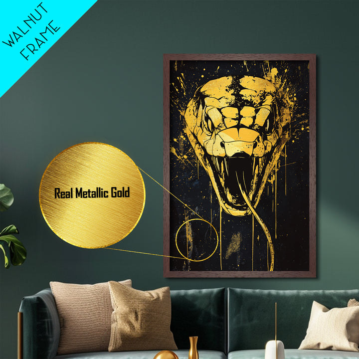 Cobra Head Metallic Gold Metal Print, Fierce Snake Art, Splatter Style Metal Decor, Real Wood Frame, Bold Animal Statement Artwork