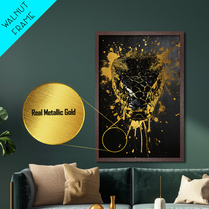 Fierce Snake Head Art,Modern Animal Wall Decor,Real Wood Frame,Bold Reptile Artwork,Striking Home Accent