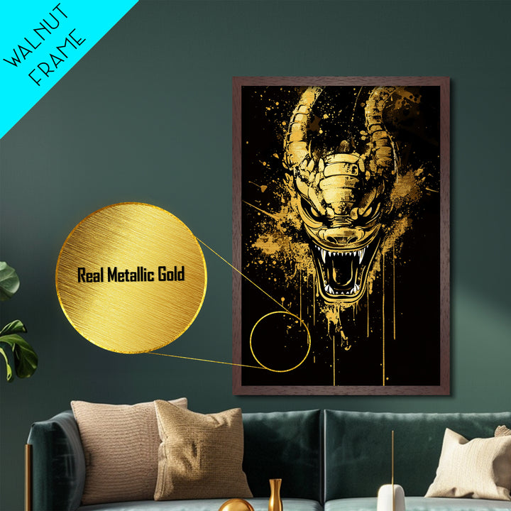 Mythical Dragon Face Artwork,Modern Fantasy Wall Decor,Real Wood Frame,Bold Creature Art,Striking Home Accent