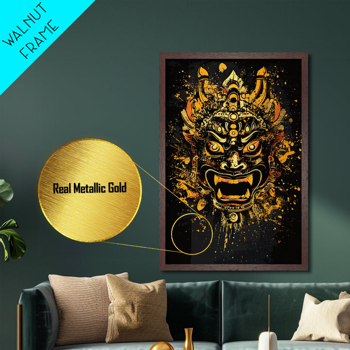 Fierce Demon Mask Artwork,Modern Cultural Wall Decor,Real Wood Frame,Bold Mythical Art,Striking Statement Accent