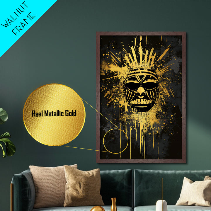 Tribal Sun Mask Metallic Gold Metal Print, Bold Wall Art With Real Wood Frame, Cultural Decor, Splatter Style Artwork