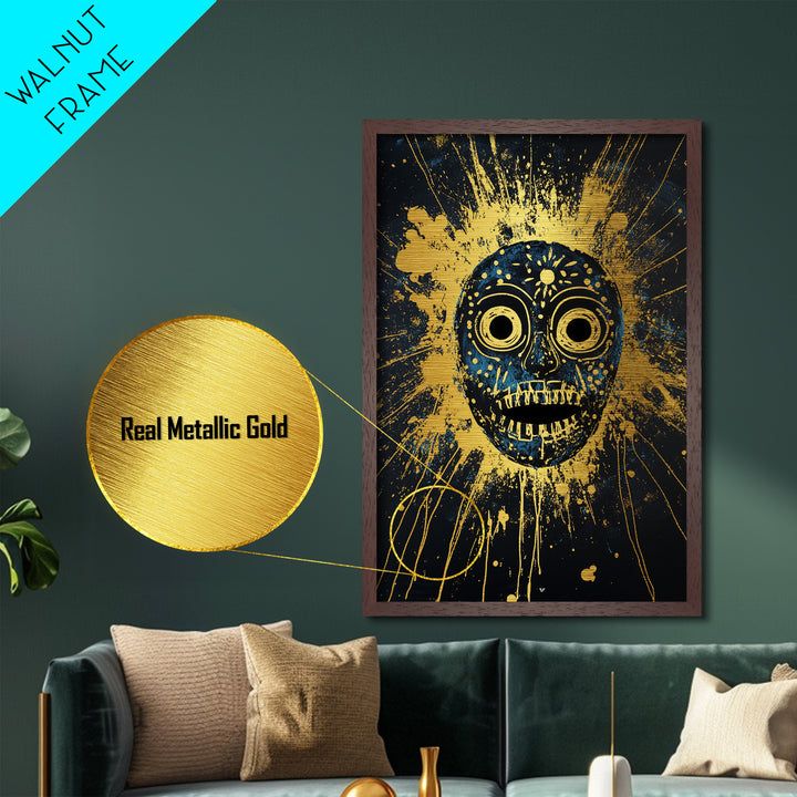 Cosmic Tribal Mask Metallic Gold Metal Print, Unique Wall Art With Real Wood Frame, Ethnic Decor, Bold Splatter Artwork