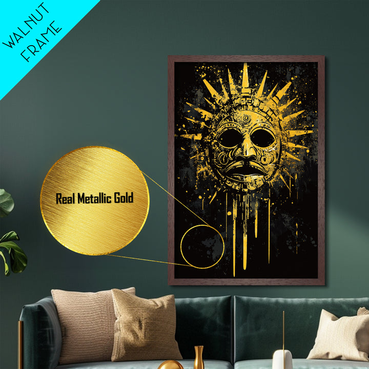 Aztec Sun God Mask Metallic Gold Metal Print, Tribal Wall Art With Real Wood Frame, Ancient Culture Decor, Bold Artwork