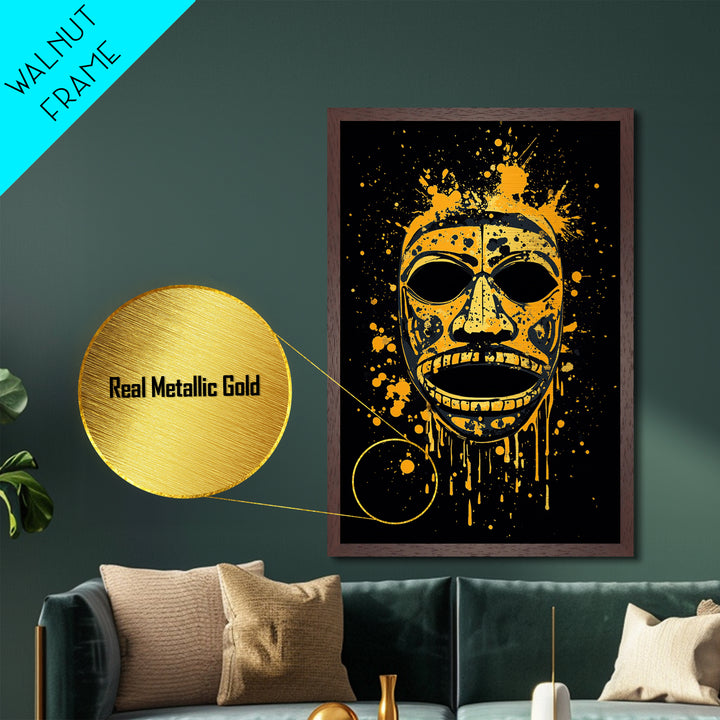 Traditional Tribal Mask Metallic Gold Metal Print, Splatter Style Wall Art With Real Wood Frame, Cultural Decor Accent