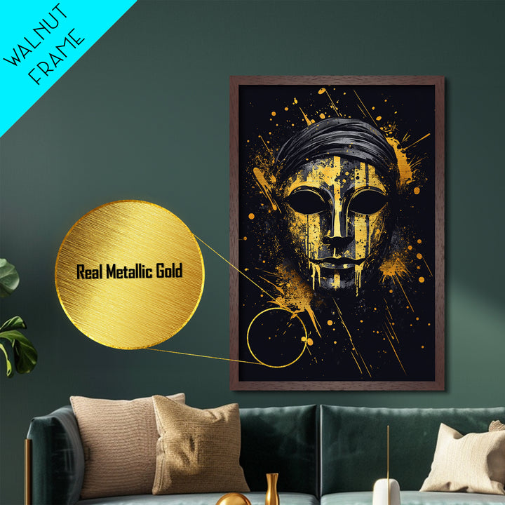 Classic Tribal Mask Metallic Gold Metal Print, Bold Ethnic Wall Art With Real Wood Frame, Splatter Style Cultural Decor