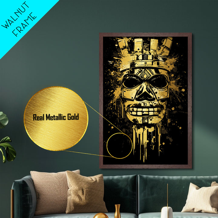 Ancient Warrior Mask Metallic Gold Metal Print, Bold Wall Art With Real Wood Frame, Cultural Splatter Style Home Decor