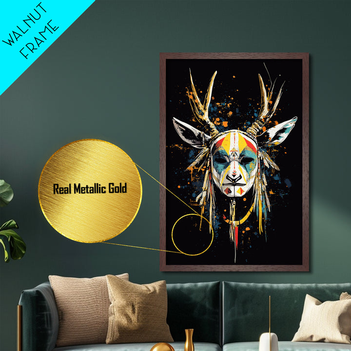 Deer Horn Mask Metallic Gold Metal Print, Tribal Wall Art With Real Wood Frame, Ethnic Splatter Style Bold Wall Accent