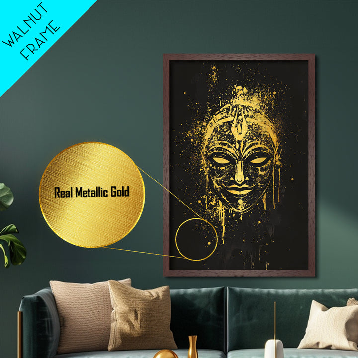 Mystical Goddess Mask Metallic Gold Art, Cultural Wall Print With Real Wood Frame, Splatter Style Decor For Bold Homes