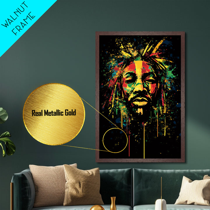 Rastafarian Portrait Metallic Gold Metal Print, Vibrant Cultural Wall Art With Real Wood Frame, Bold Splatter Style Decor