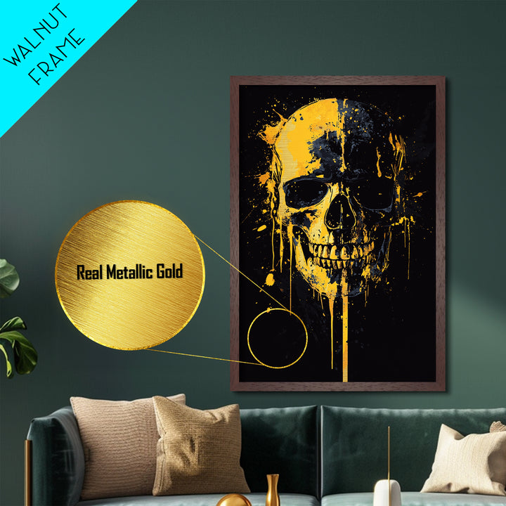 Dripping Skull Metallic Gold Metal Print, Gothic Wall Art, Dark Decor, Edgy Skull Artwork, Real Wood Frame, Modern Statement Piece