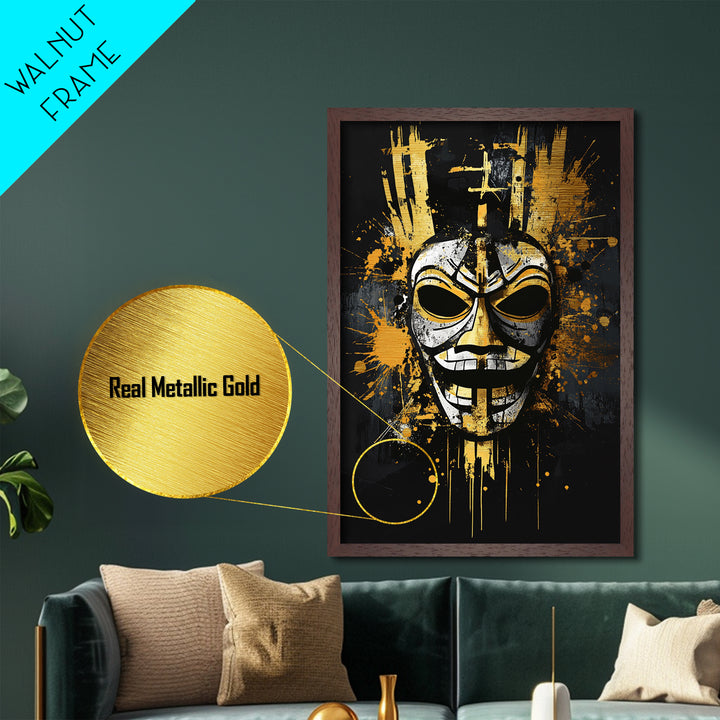 Tribal Warrior Mask Metallic Gold Metal Print, Fierce Mask Art, Bold Wall Decor, Real Wood Frame, Dramatic Splatter Effect Artwork