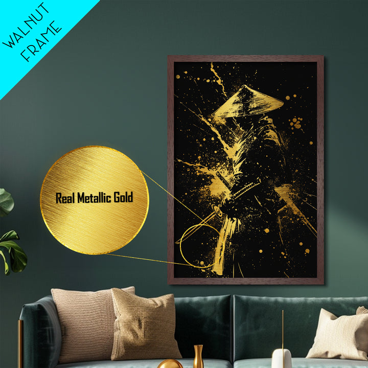 Ronin Samurai Metallic Gold Metal Print, Japanese Warrior Art, Epic Splatter Decor, Real Wood Frame, Fierce Bushido Inspired Wall Artwork