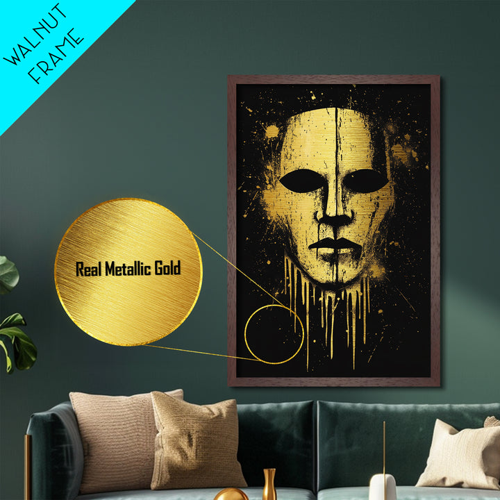 Ancient Warrior Mask Metallic Gold Metal Print, Bold Tribal Decor, Striking Wall Art, Real Wood Frame, Splatter Effect Modern Artwork