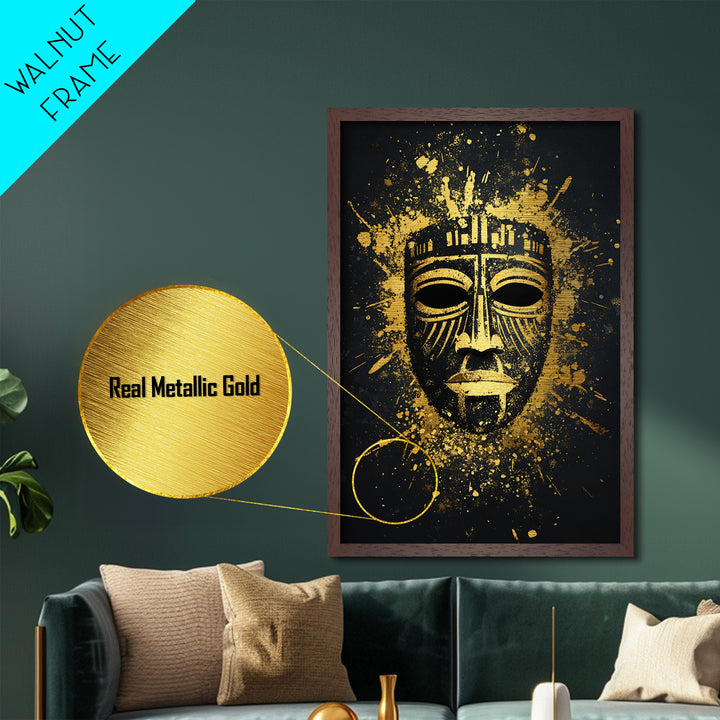Mystical Tribal Mask Metallic Gold Metal Print, Abstract Wall Art, Bold Statement Decor, Real Wood Frame, Unique Splatter Inspired Artwork