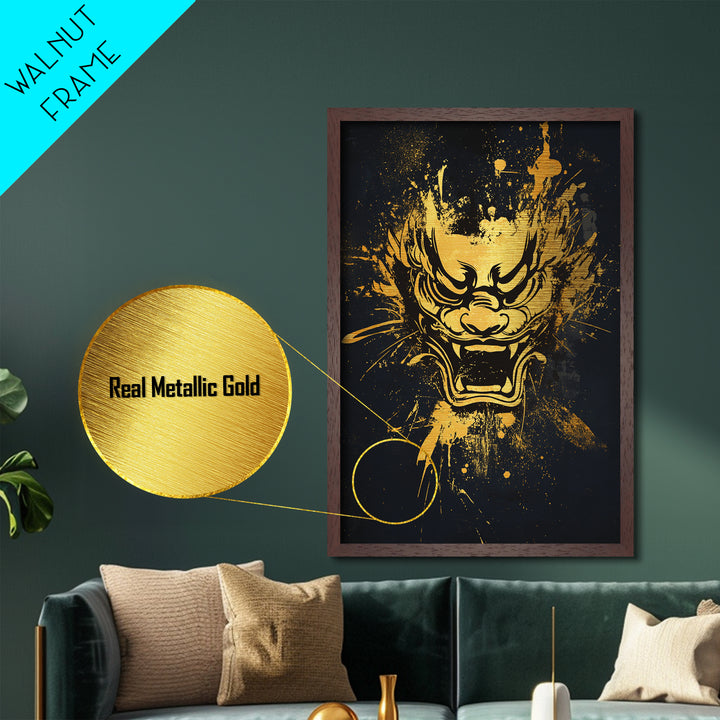 Mythical Dragon Face Metallic Gold Metal Print, Asian Inspired Art, Fierce Wall Decor, Real Wood Frame, Splatter Style Statement Artwork