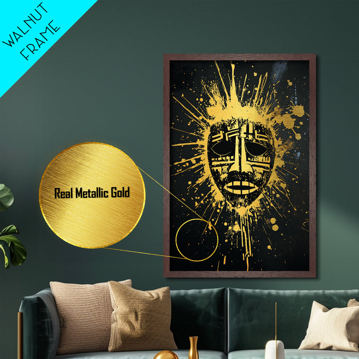 Tribal Mask Metallic Gold Metal Print, Ethnic Wall Art, Real Wood Frame, Splatter Abstract Face Decor, Modern Tribal Home Accent
