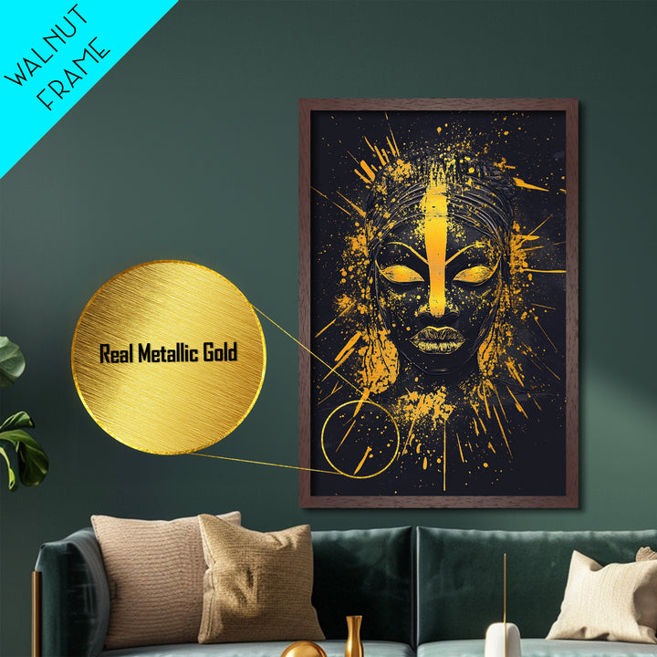 African Goddess Metallic Gold Metal Print, Ethnic Wall Art, Real Wood Frame, Splatter Portrait Art, Bold Tribal Modern Decor