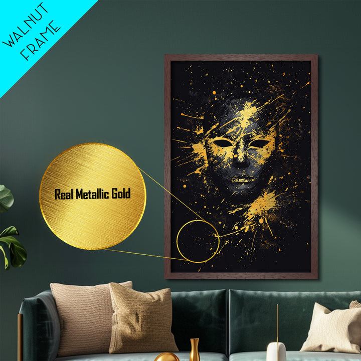 Mystical Face Metallic Gold Metal Print, Tribal Mask Art, Real Wood Frame, Splatter Abstract Decor, Cultural Ethnic Wall Accent