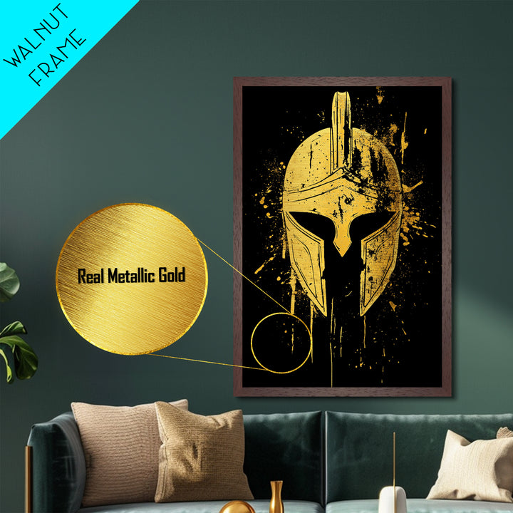 Spartan Helmet Metallic Gold Metal Print, Warrior Wall Art, Real Wood Frame, Bold Historic Decor, Ancient Greek Inspired Artwork