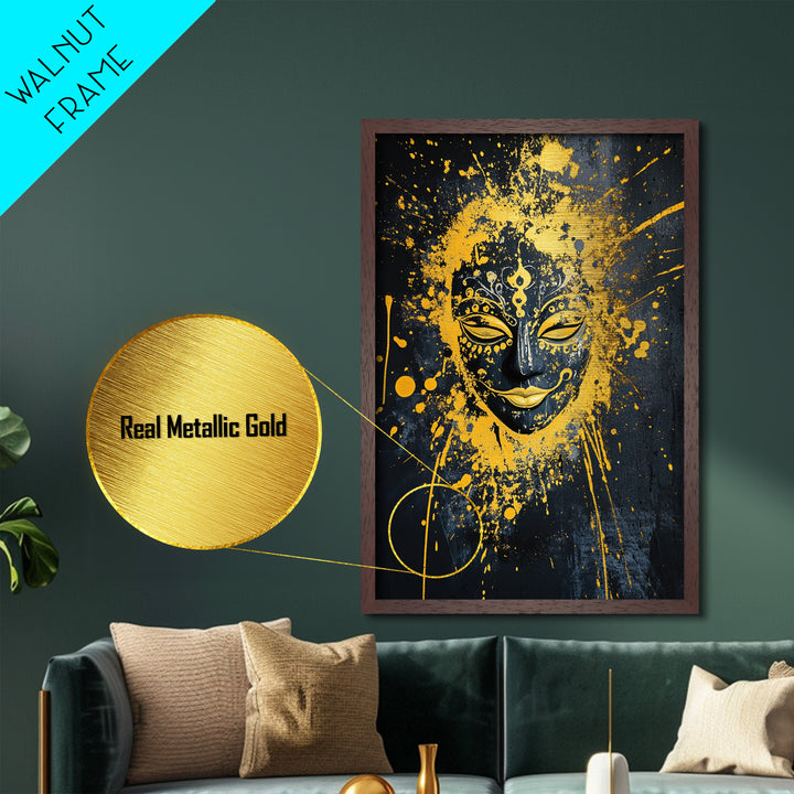 Sacred Mask Metallic Gold Metal Print, Ethnic Wall Art, Real Wood Frame, Mystical Splatter Portrait, Tribal Inspired Home Decor