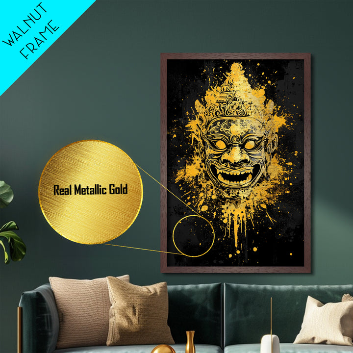 Ornamental Face Metallic Gold Metal Print, Tribal Mask Wall Art, Real Wood Frame, Ethnic Splatter Decor, Cultural Portrait Artwork