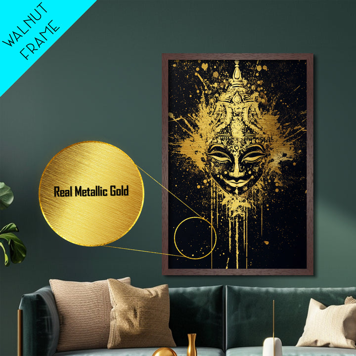 Decorative Mask Metallic Gold Metal Print, Tribal Wall Art, Real Wood Frame, Splatter Abstract Portrait, Ethnic Cultural Accent