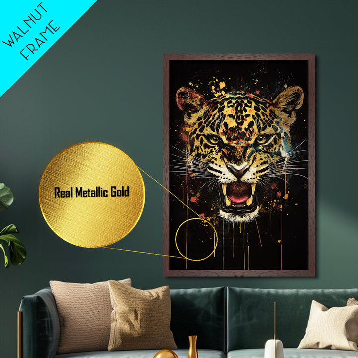 Jaguar Roar Metallic Gold Metal Print, Animal Wall Art, Real Wood Frame, Bold Wildlife Decor, Tribal Inspired Big Cat Home Accent