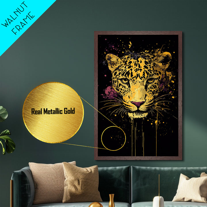Leopard Portrait Metallic Gold Metal Print, Tribal Animal Art, Real Wood Frame, Splatter Wildlife Decor, Bold Exotic Jungle Artwork
