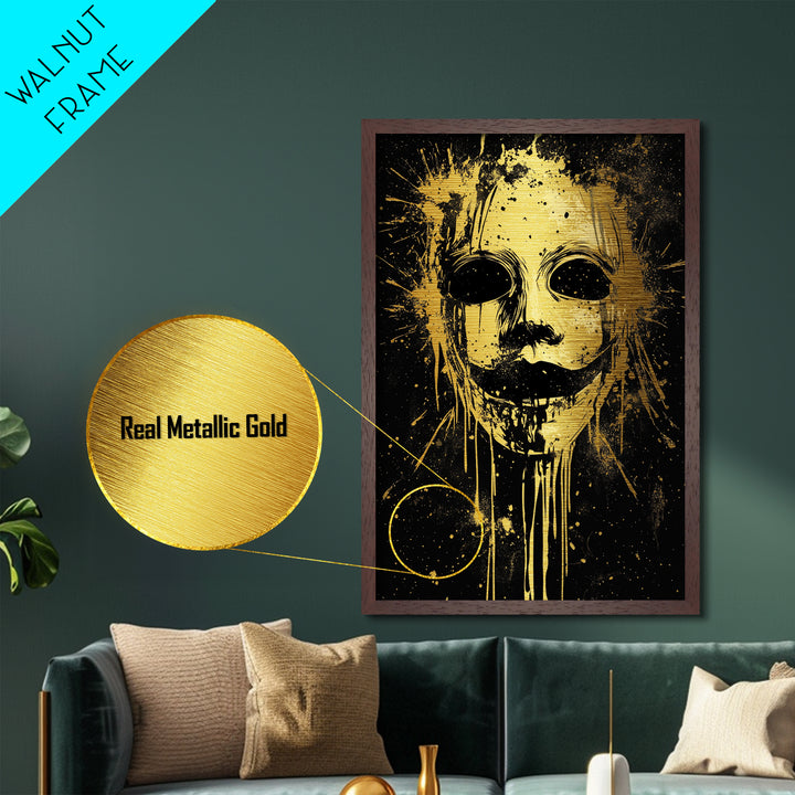 Tribal Mask Splatter Art, Metallic Gold Metal Print, Abstract Ethnic Wall Decor, Real Wood Frame, Modern Warrior Artwork