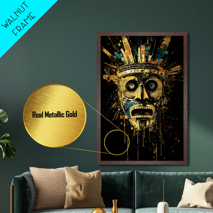 Abstract Splatter Mask Face, Metallic Gold Metal Print, Modern Tribal Wall Art, Real Wood Frame, Contemporary Statement Decor